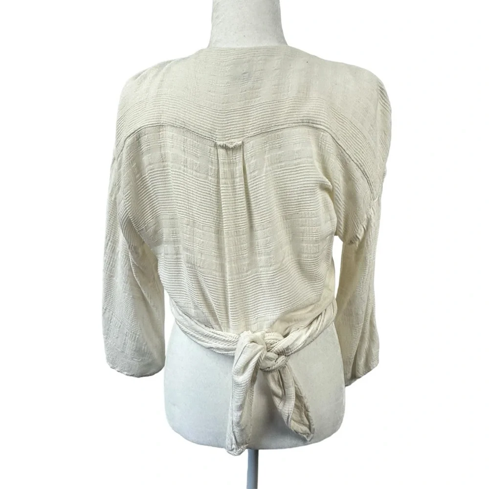 NSF Off‎ White X-Small P Long Sleeve Cardigan Wrap Top Textured Hook & Eye Tie